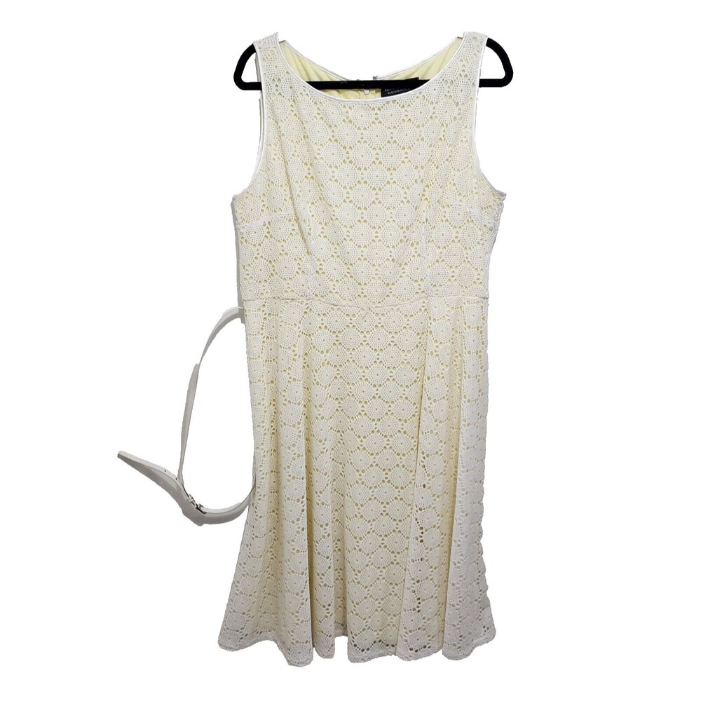 Black Label Evan-Picone Eyelet Lace Knee Length Dress Belted White Yellow Sz 16